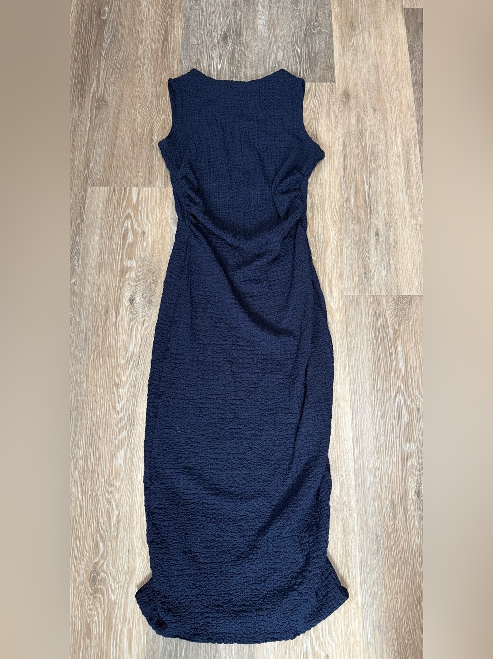 See You Monday Navy Textured Midi Sheath Dress